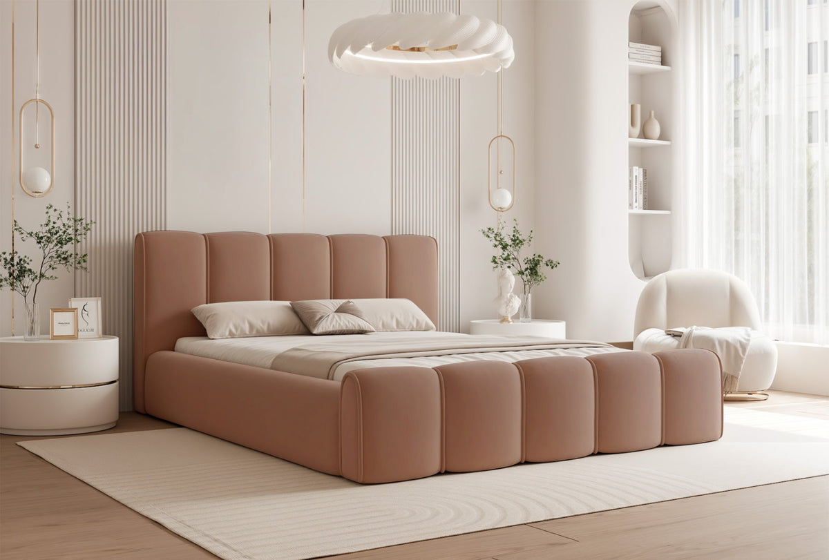 Lit tapissé 140x200 cm Moenne avec rangement, cadre métallique, velours hydrofuge saumon