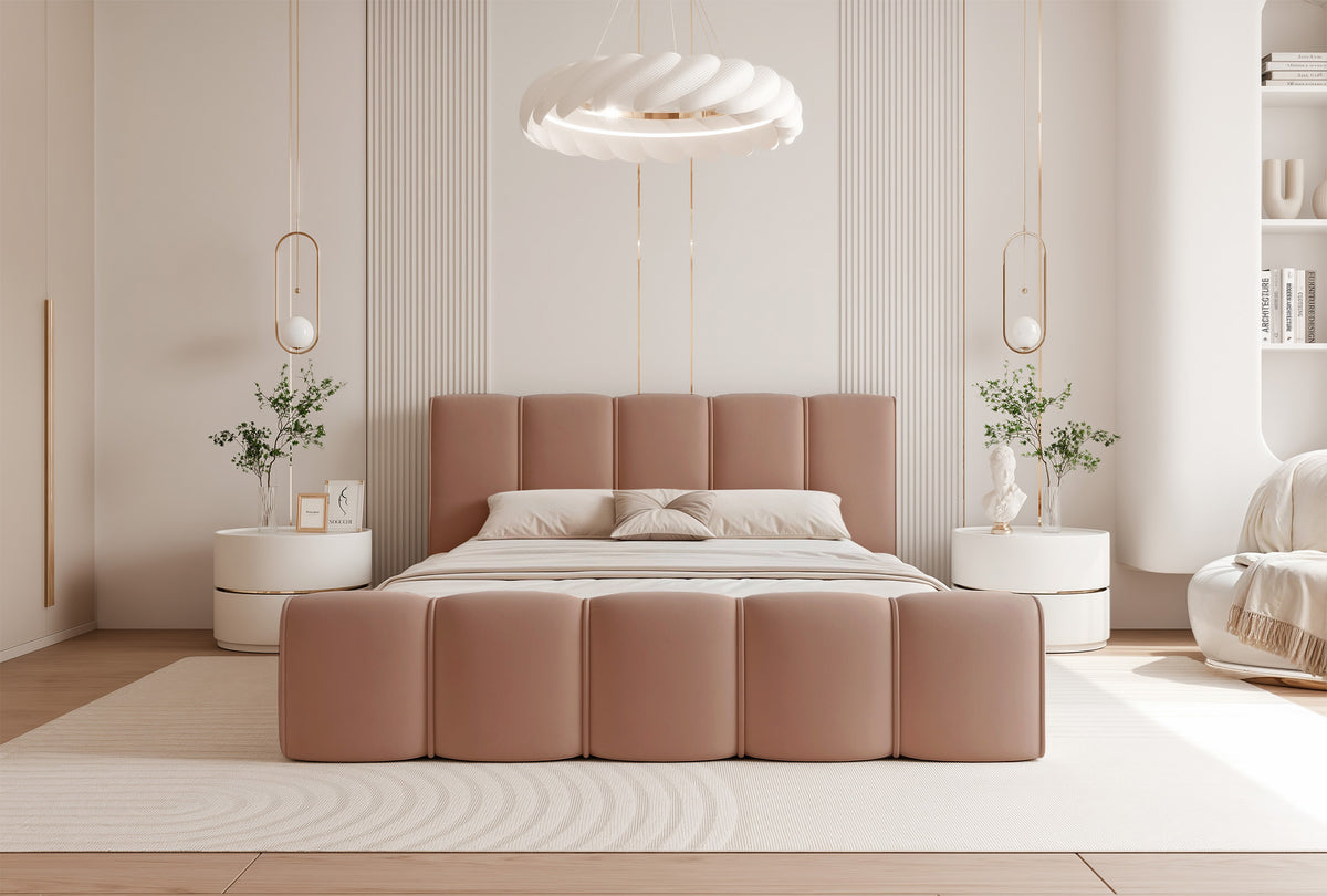 Gepolstertes Bett 160x200 cm Moenne mit Stauraum, Metallrahmen, lachsfarbener, wasserabweisender Samt