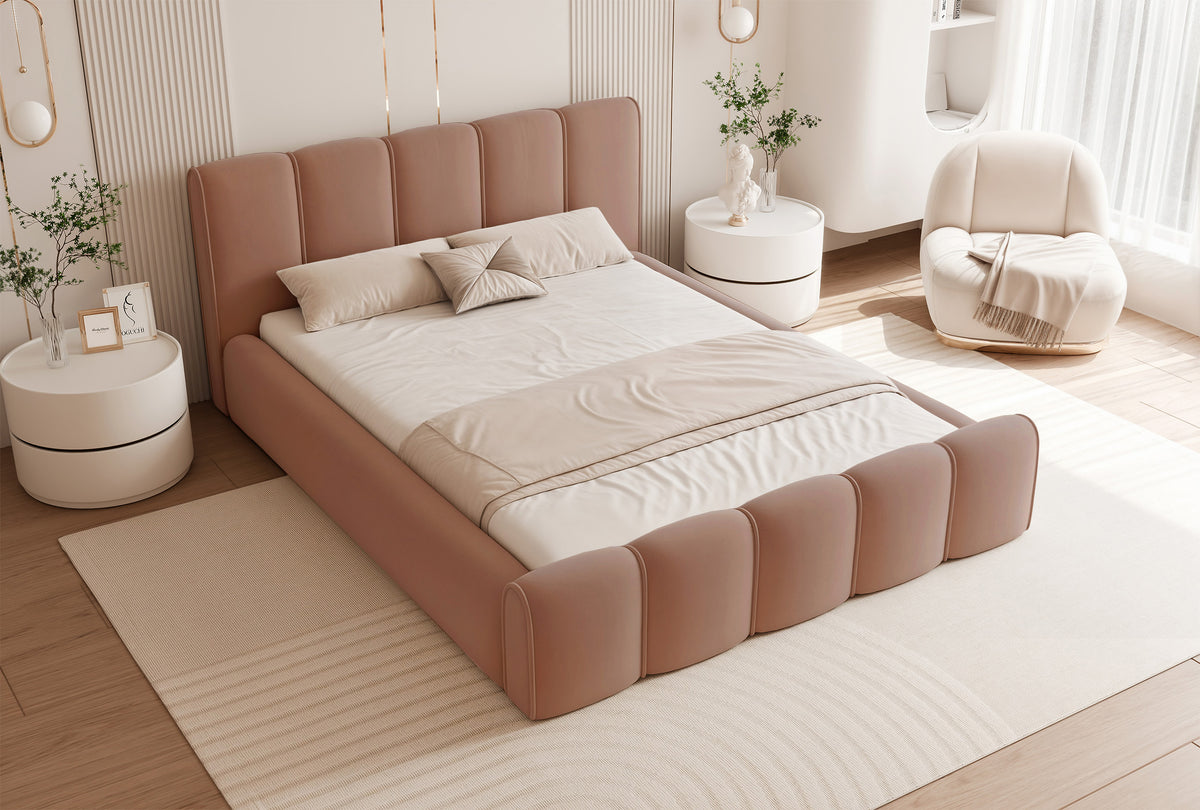Gepolstertes Bett 160x200 cm Moenne mit Stauraum, Metallrahmen, lachsfarbener, wasserabweisender Samt