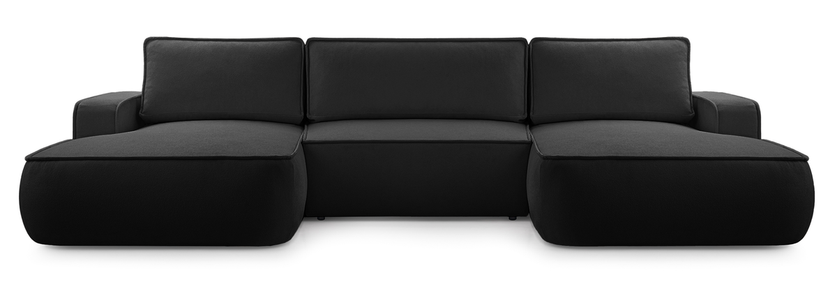 Canapé d'angle Mollaro en U universel avec fonction couchage et coffre, tissu bouclé noir