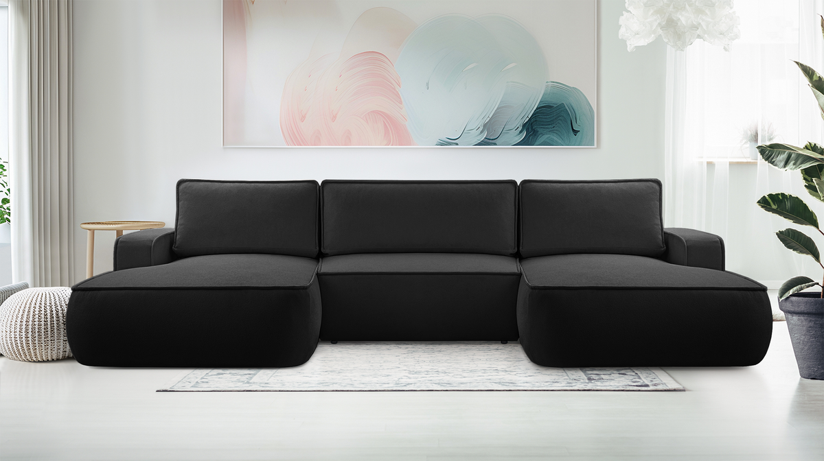 Canapé d'angle Mollaro en U universel avec fonction couchage et coffre, tissu bouclé noir