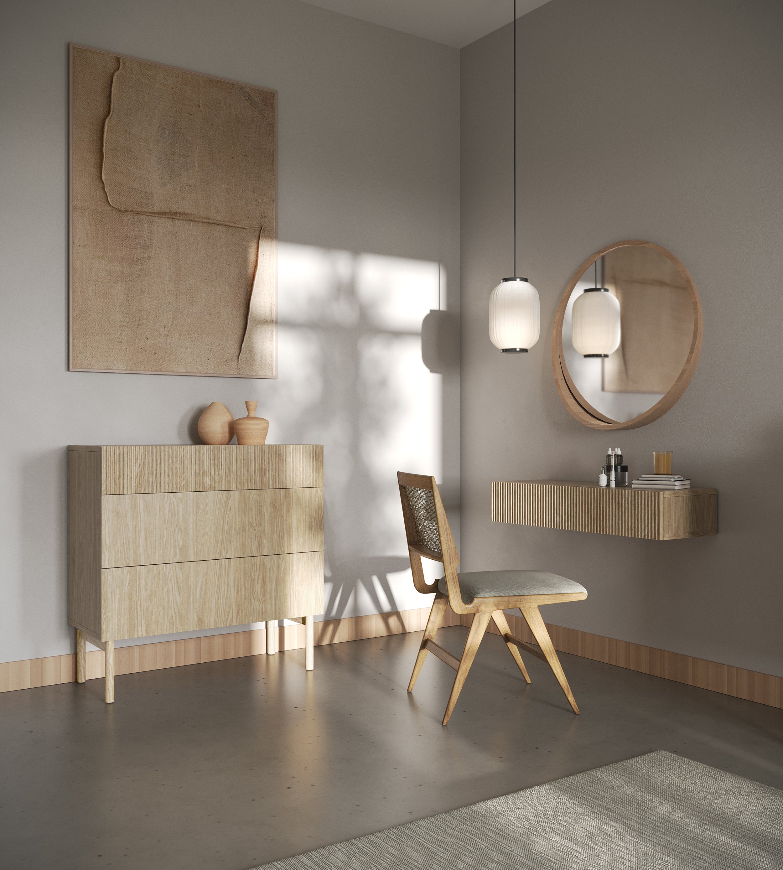Console Nolie suspendue avec tiroir et rainures sur la façade, 90 cm, chêne huilé