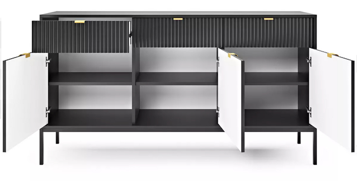 Drehtür-Kommode Vellore 154 cm schwarz mit gerillten Fronten und goldenem Gestell