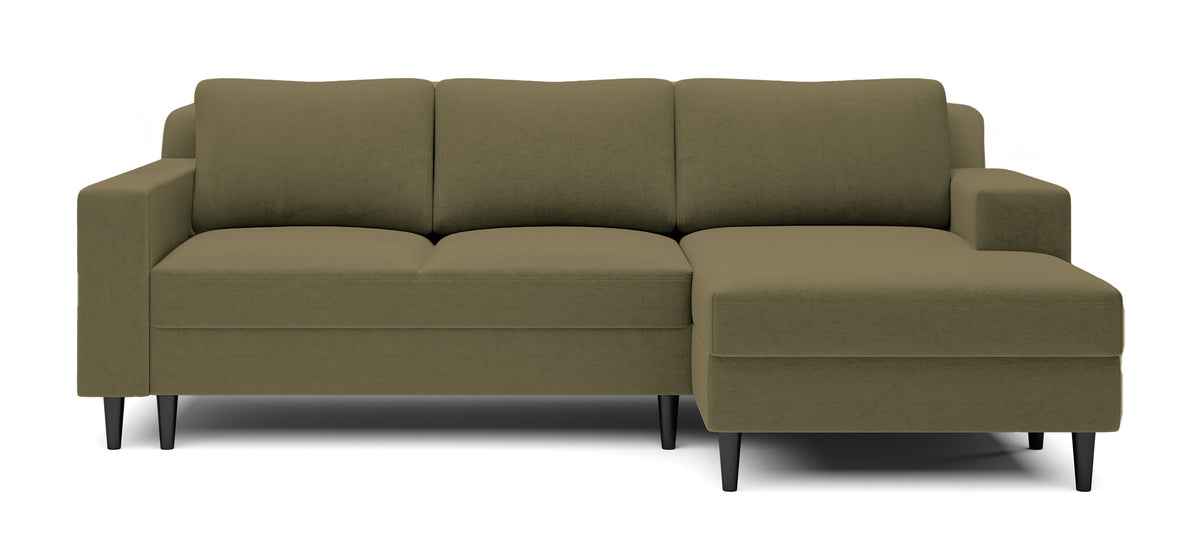 Ecksofa mit Schlafunktion Nalika, L-förmig, mit Stauraum, olivgrüner hydrophober Samt, rechtsseitig