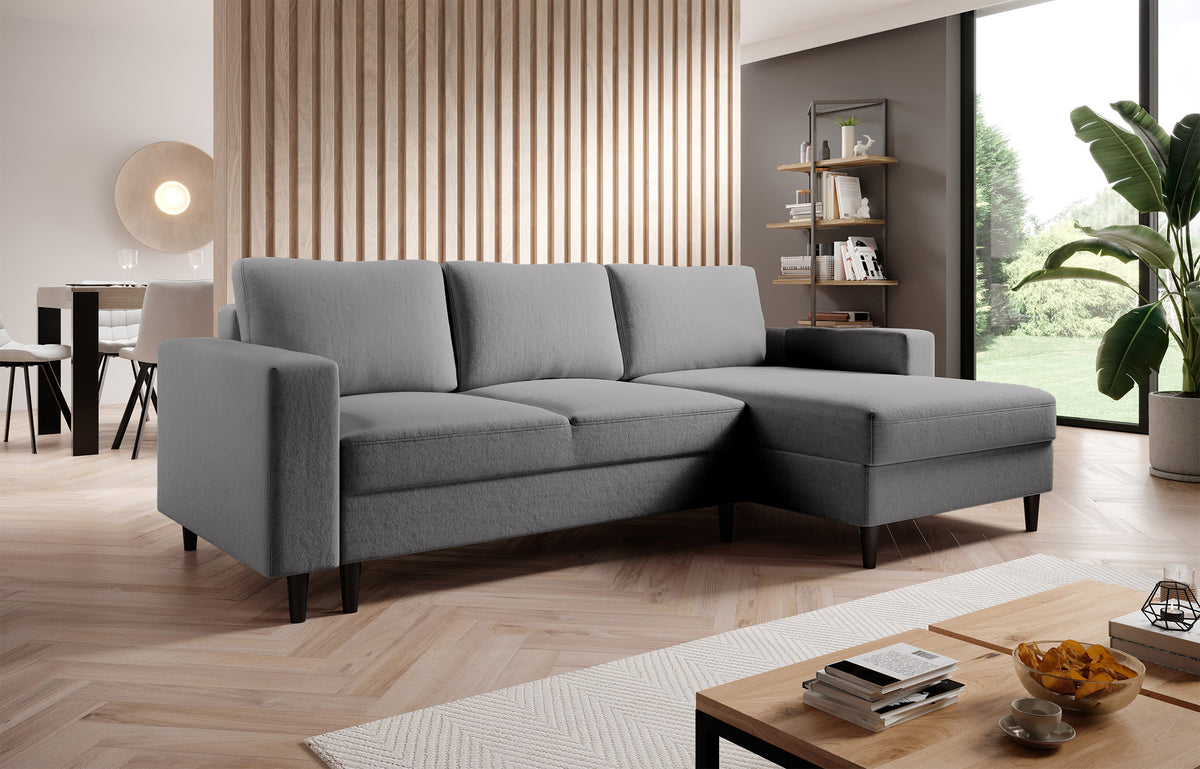 Canapé d'angle convertible Nalika en velours hydrofuge gris, avec coffre de rangement, modèle droit