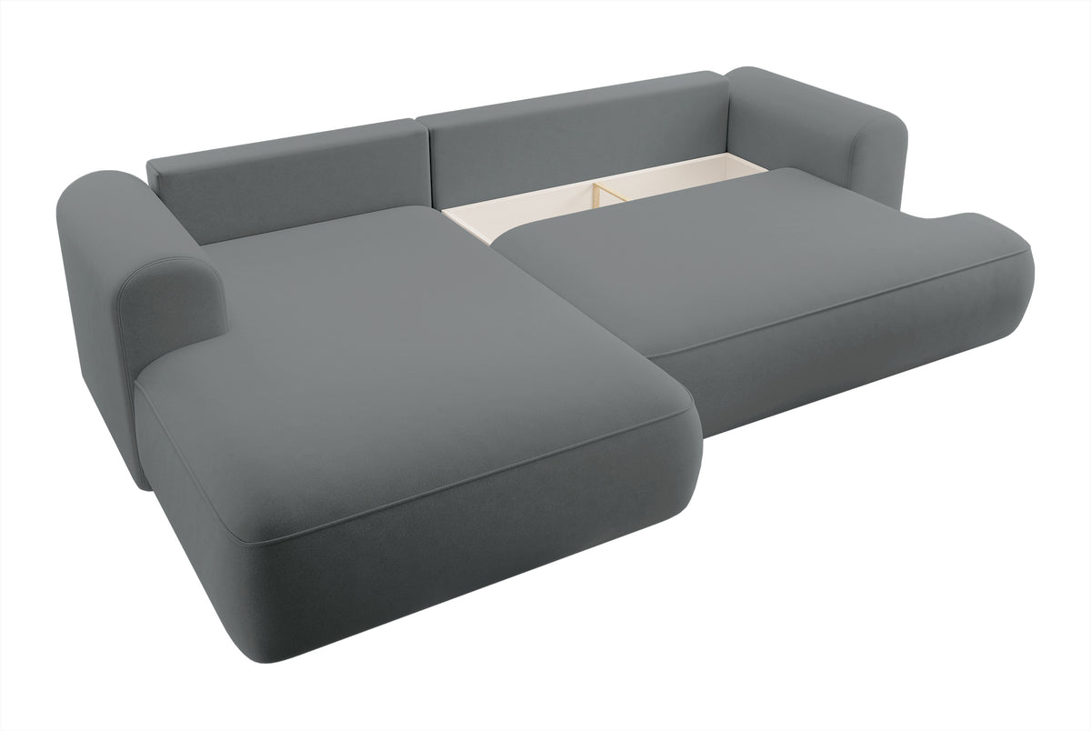 Canapé d'angle convertible Ovo en velours gris foncé, forme en L, avec coffre de rangement, tissu facile à nettoyer, version gauche