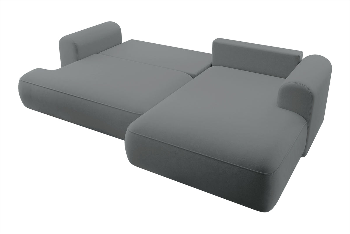 Ecksofa mit Schlaffunktion Ovo, L-förmig, dunkelgrauer Samt, mit Stauraum, aus leicht zu reinigendem Stoff, rechtsseitig