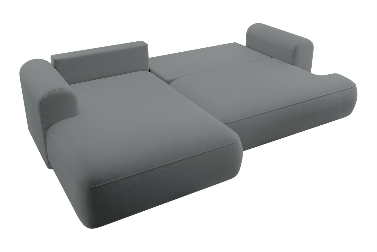 Canapé d'angle convertible Ovo en velours gris foncé, forme en L, avec coffre de rangement, tissu facile à nettoyer, version gauche