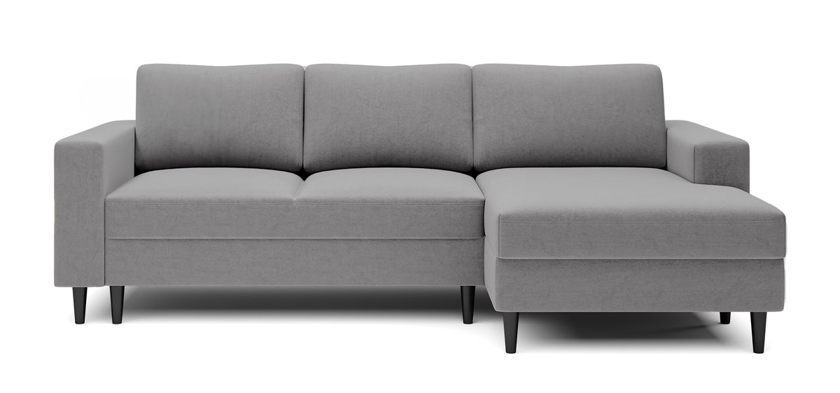 Canapé d'angle convertible Nalika en velours hydrofuge gris, avec coffre de rangement, modèle droit