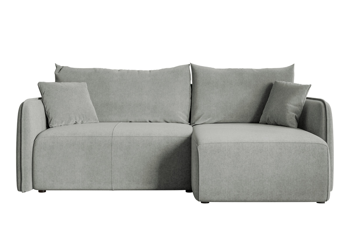Canapé d'angle convertible Mavio en velours hydrofuge gris clair avec coffre de rangement, modèle universel en L