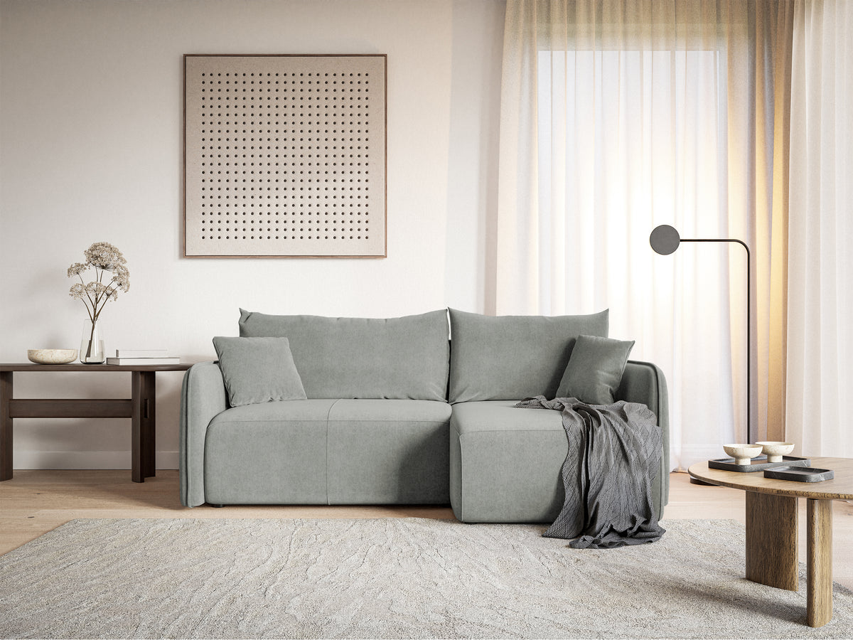 Ecksofa mit Schlaffunktion Mavio, L-förmig, hellgrau, mit Stauraum, hydrophober Samt, universell einsetzbar