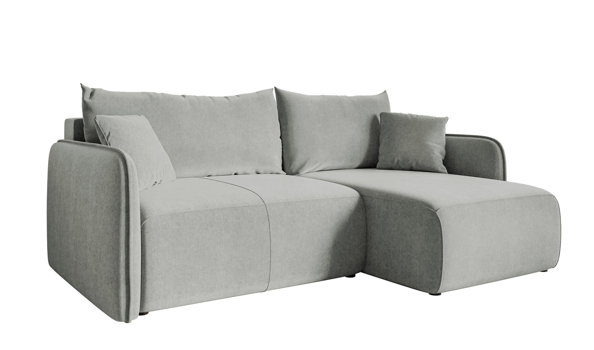 Ecksofa mit Schlaffunktion Mavio, L-förmig, hellgrau, mit Stauraum, hydrophober Samt, universell einsetzbar