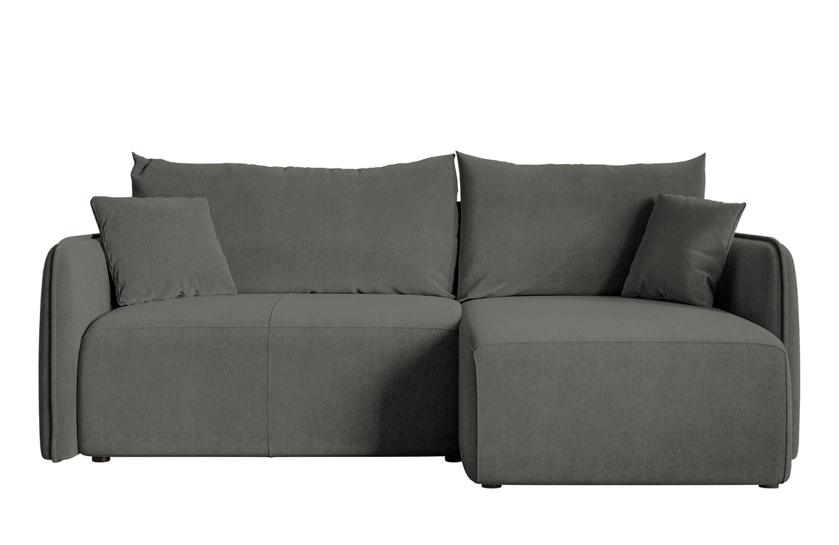 Canapé d'angle Mavio gris avec fonction couchage, coffre de rangement, velours hydrofuge, universel en L