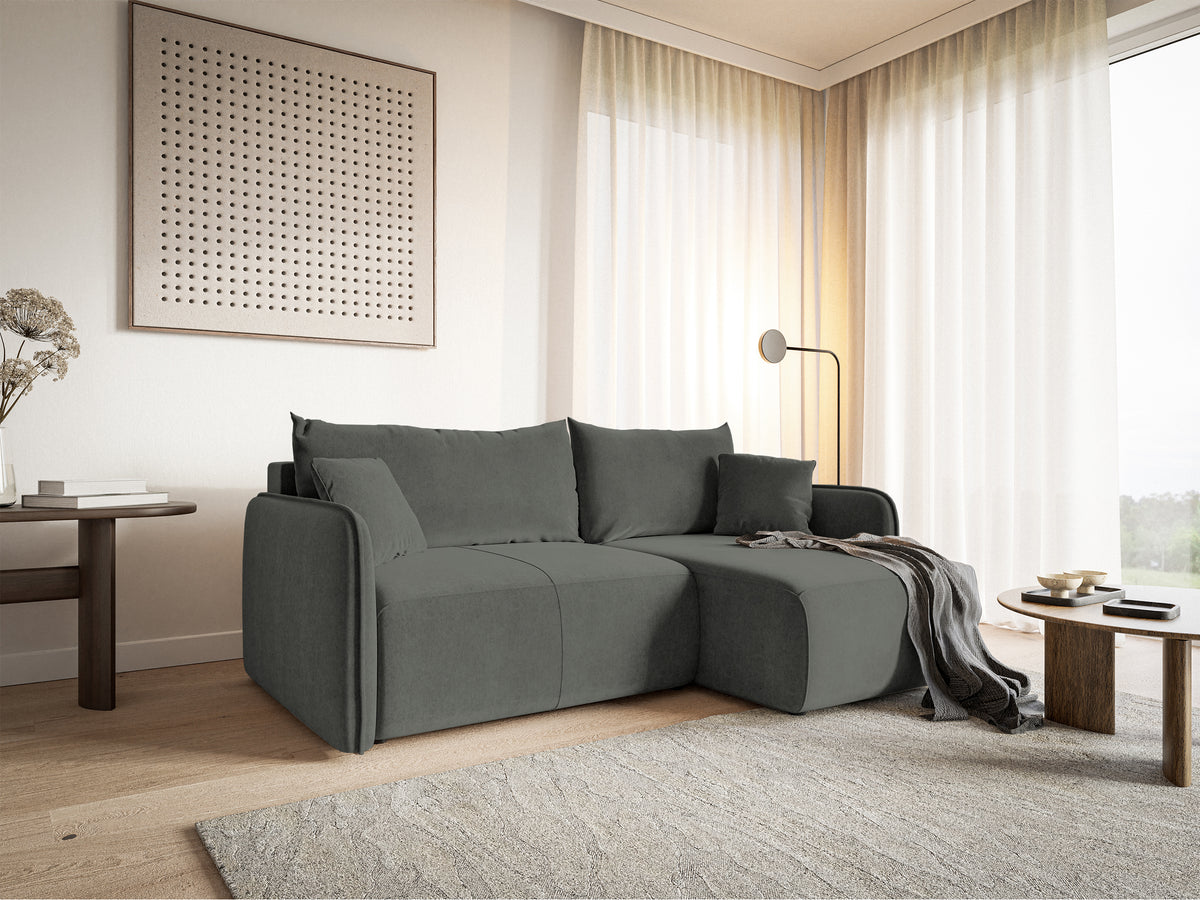 Canapé d'angle Mavio gris avec fonction couchage, coffre de rangement, velours hydrofuge, universel en L