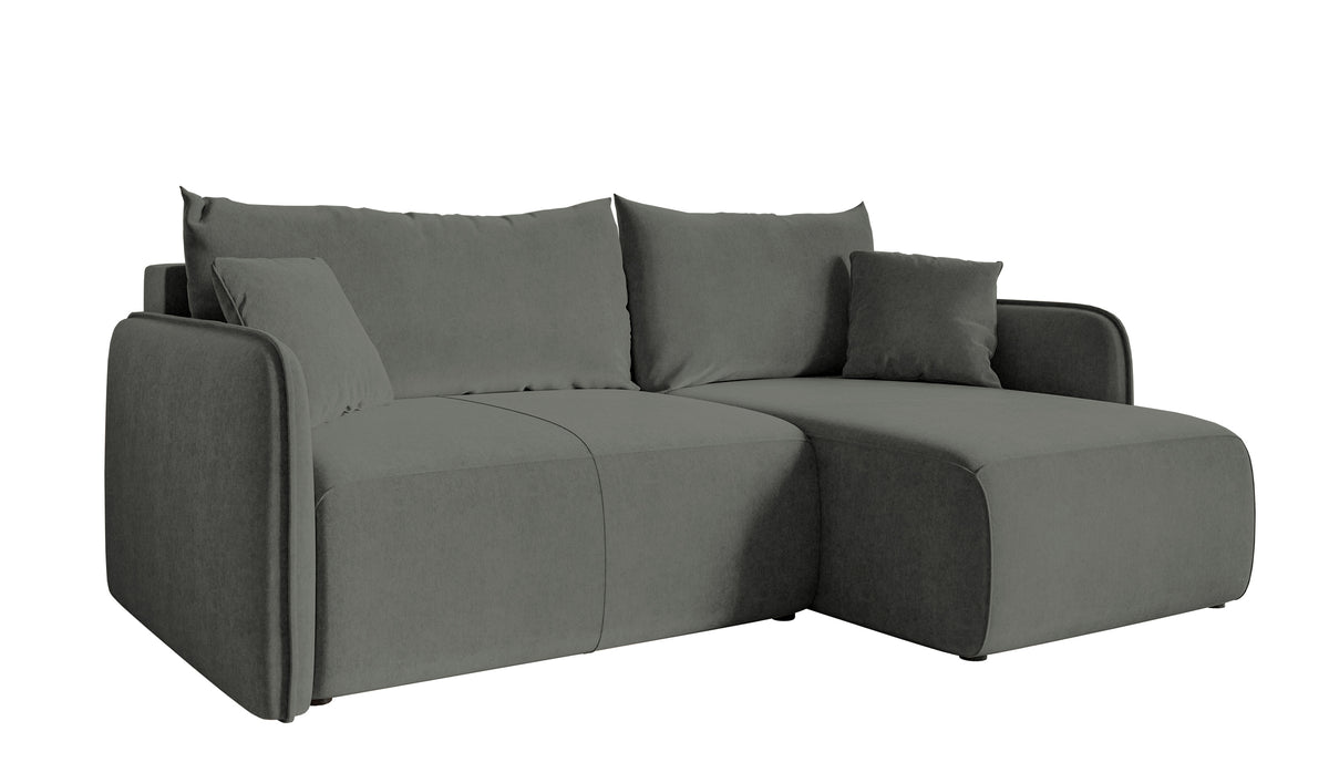 Ecksofa mit Schlaffunktion Mavio, L-förmig, grau, mit Stauraum, hydrophobes Samt, universell einsetzbar