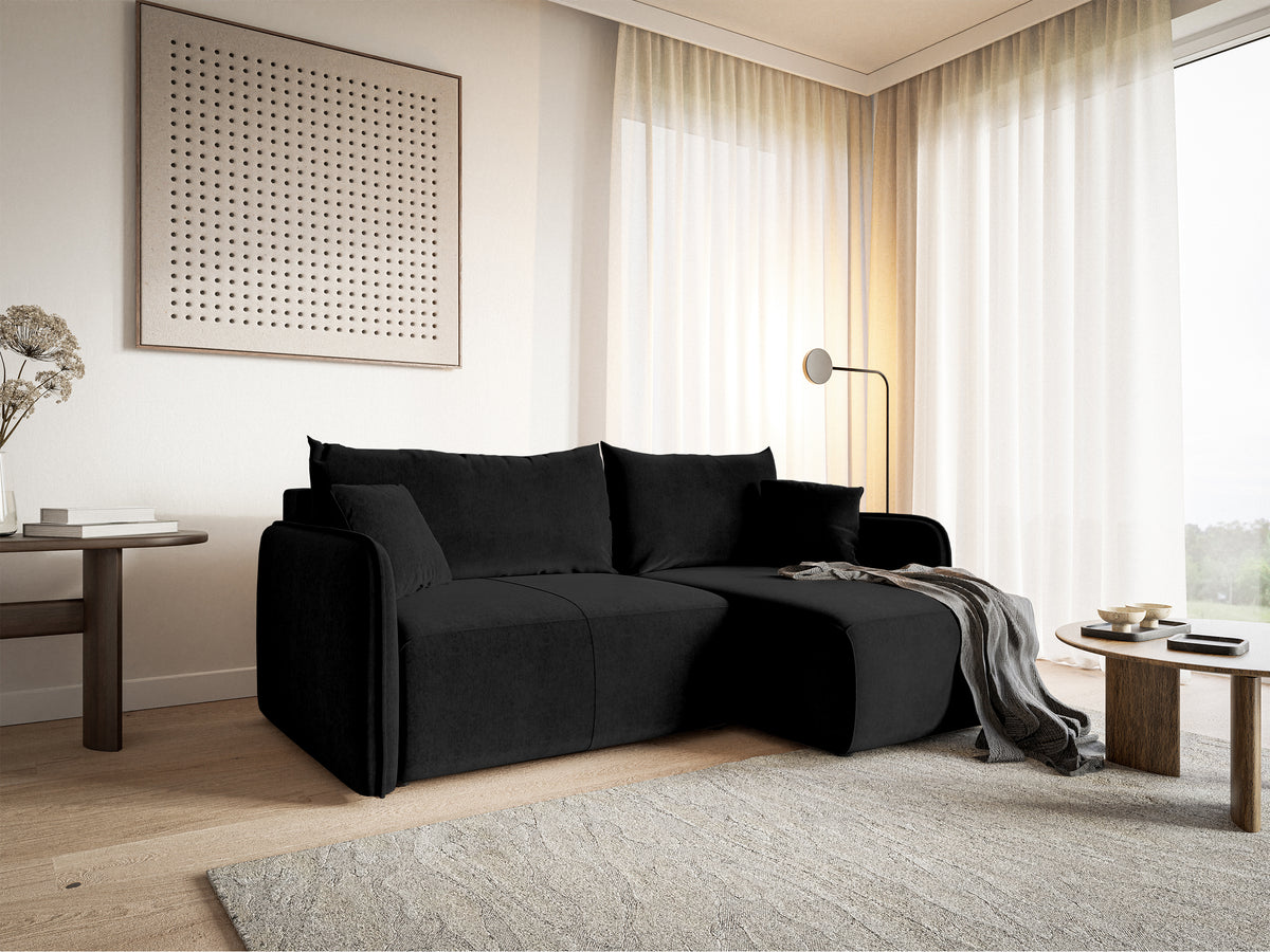 Ecksofa mit Schlafunktion Mavio, L-förmig, schwarz, mit Stauraum, hydrophober Samt, universell einsetzbar