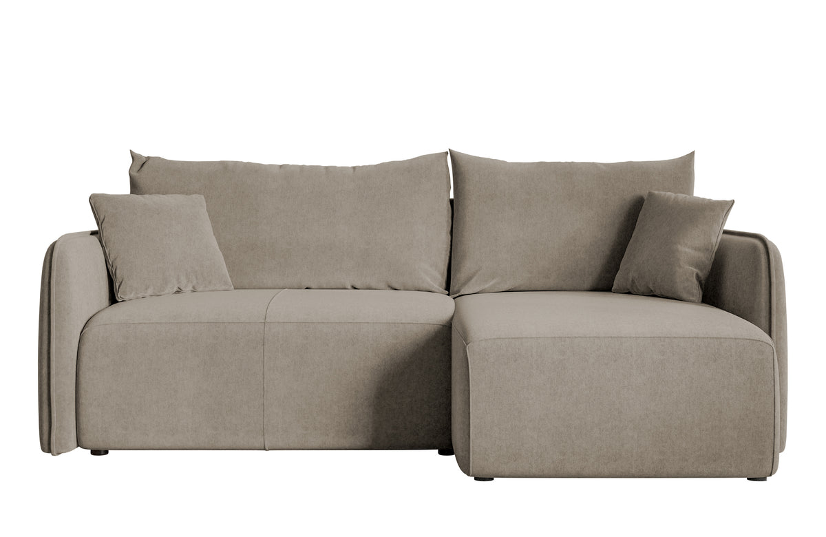 Canapé d'angle Mavio en L gris beige avec fonction couchage, coffre de rangement, velours hydrofuge, réversible