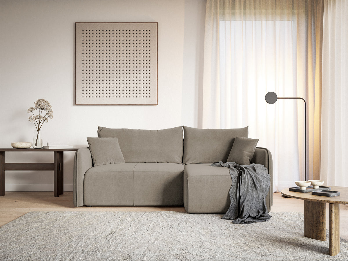 Canapé d'angle Mavio en L gris beige avec fonction couchage, coffre de rangement, velours hydrofuge, réversible