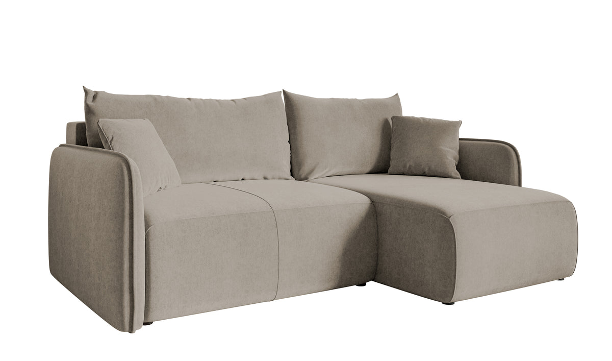Canapé d'angle Mavio en L gris beige avec fonction couchage, coffre de rangement, velours hydrofuge, réversible
