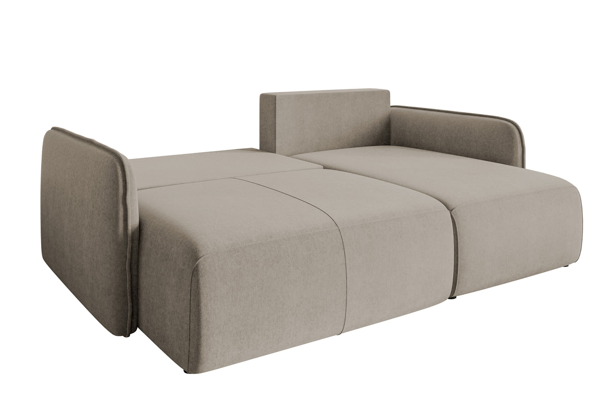 Canapé d'angle Mavio en L gris beige avec fonction couchage, coffre de rangement, velours hydrofuge, réversible