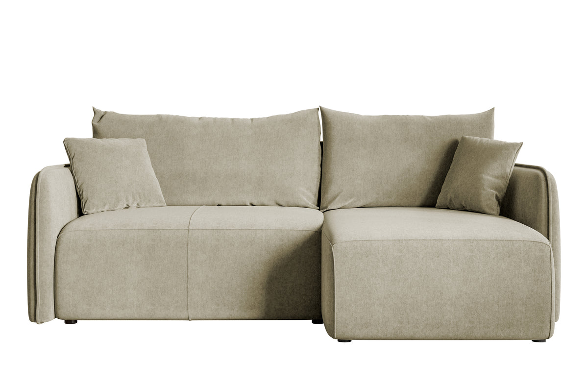Canapé d’angle avec fonction couchage Mavio, forme en L, beige clair, avec rangement, velours hydrofuge, universel