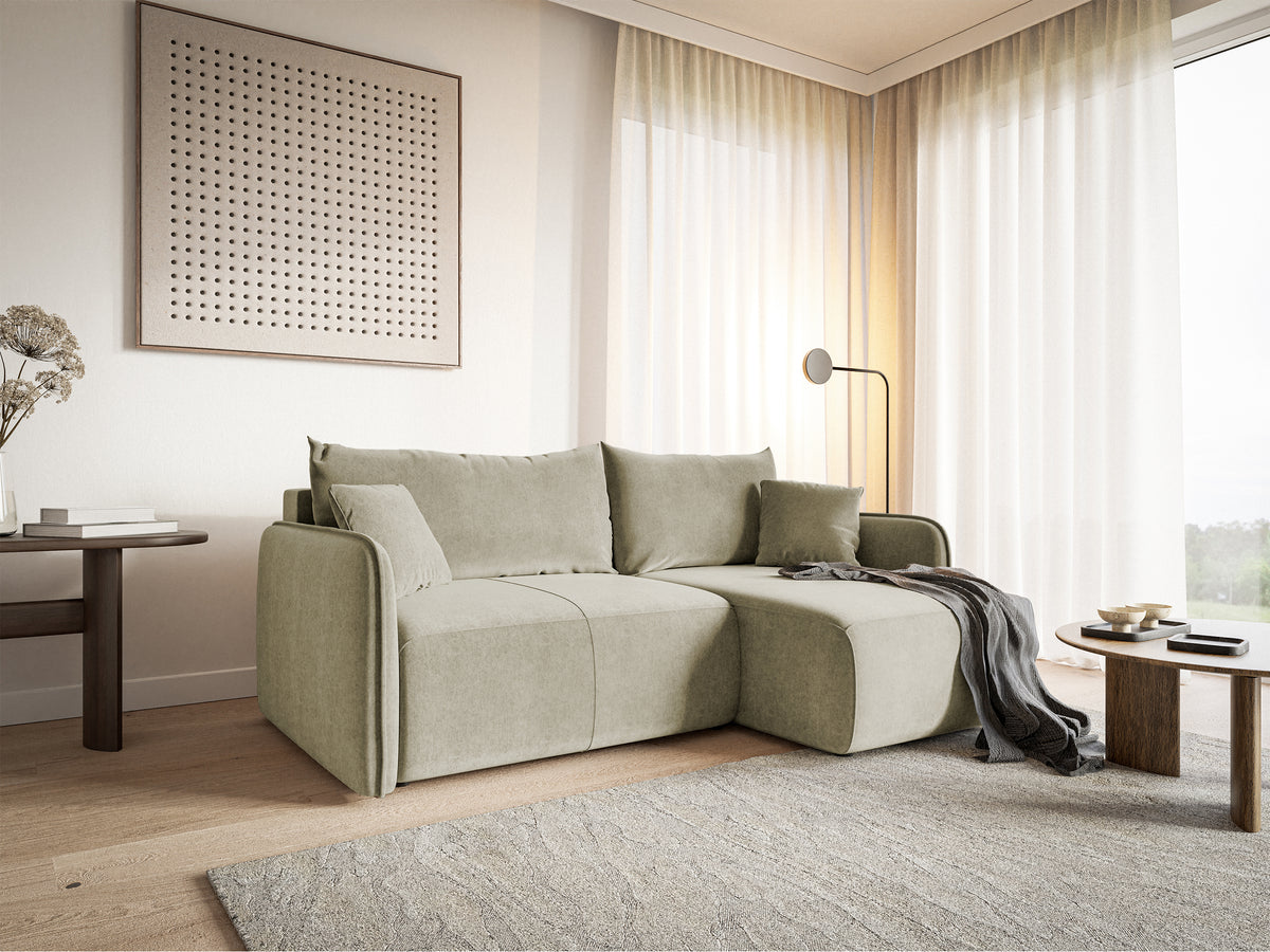 Canapé d’angle avec fonction couchage Mavio, forme en L, beige clair, avec rangement, velours hydrofuge, universel
