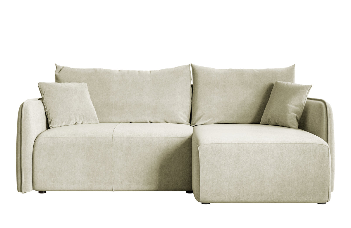 Canapé d'angle Mavio L-forme crème avec fonction couchage, coffre de rangement, velours hydrofuge, réversible