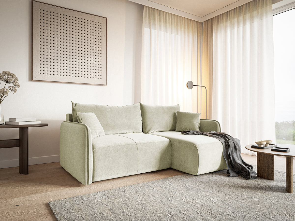 Canapé d'angle Mavio L-forme crème avec fonction couchage, coffre de rangement, velours hydrofuge, réversible
