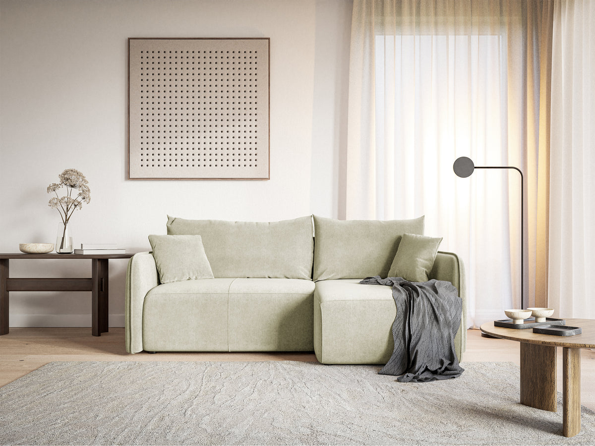 Canapé d'angle Mavio L-forme crème avec fonction couchage, coffre de rangement, velours hydrofuge, réversible