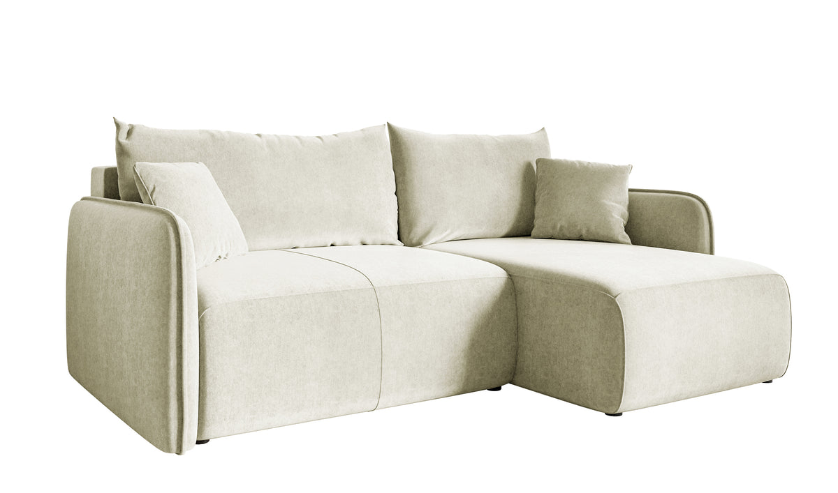 Canapé d'angle Mavio L-forme crème avec fonction couchage, coffre de rangement, velours hydrofuge, réversible
