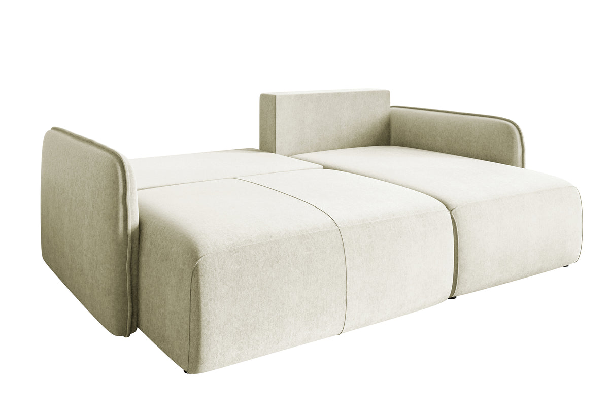 Canapé d'angle Mavio L-forme crème avec fonction couchage, coffre de rangement, velours hydrofuge, réversible