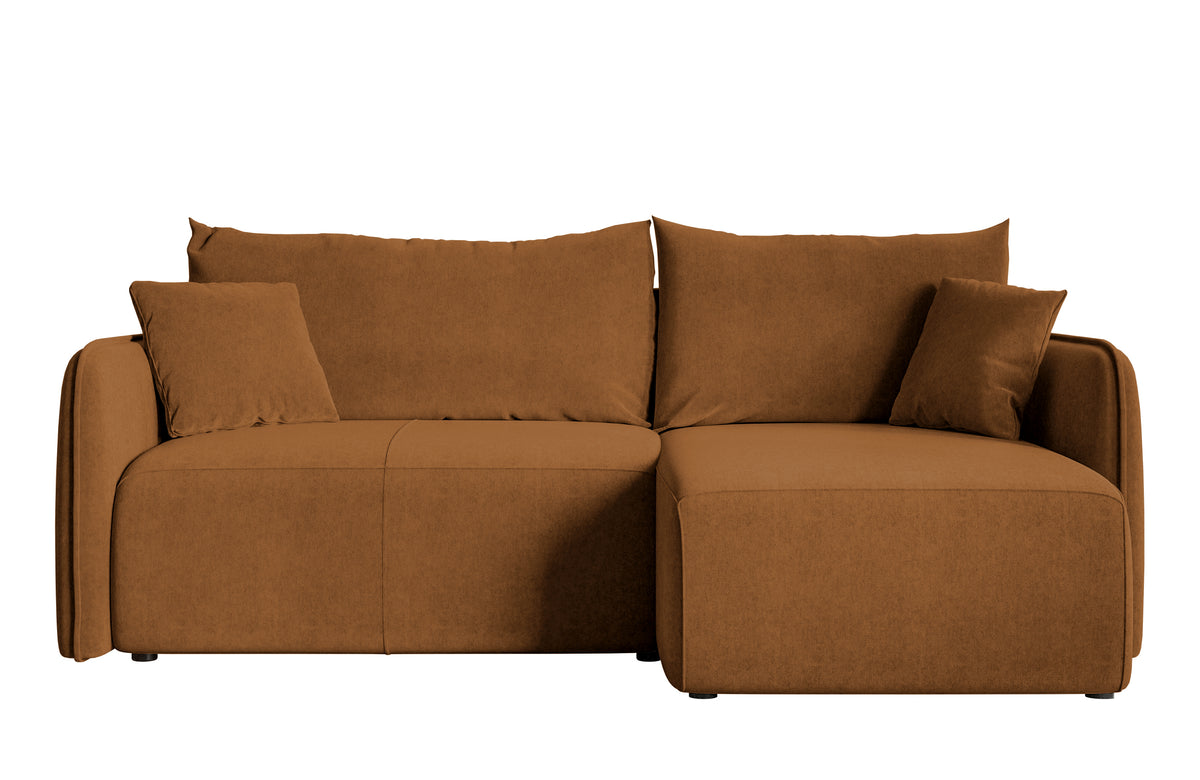 Canapé d'angle avec fonction couchage Mavio en forme de L, velours hydrofuge cuivre avec coffre de rangement, réversible