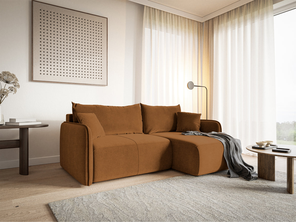 Canapé d'angle avec fonction couchage Mavio en forme de L, velours hydrofuge cuivre avec coffre de rangement, réversible
