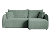Canapé d'angle Mavio en velours hydrofuge sauge avec fonction couchage et rangement, universel, forme en L
