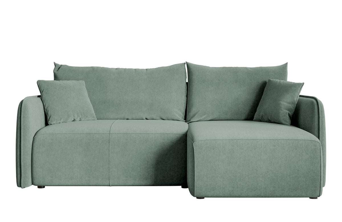 Canapé d'angle Mavio en velours hydrofuge sauge avec fonction couchage et rangement, universel, forme en L