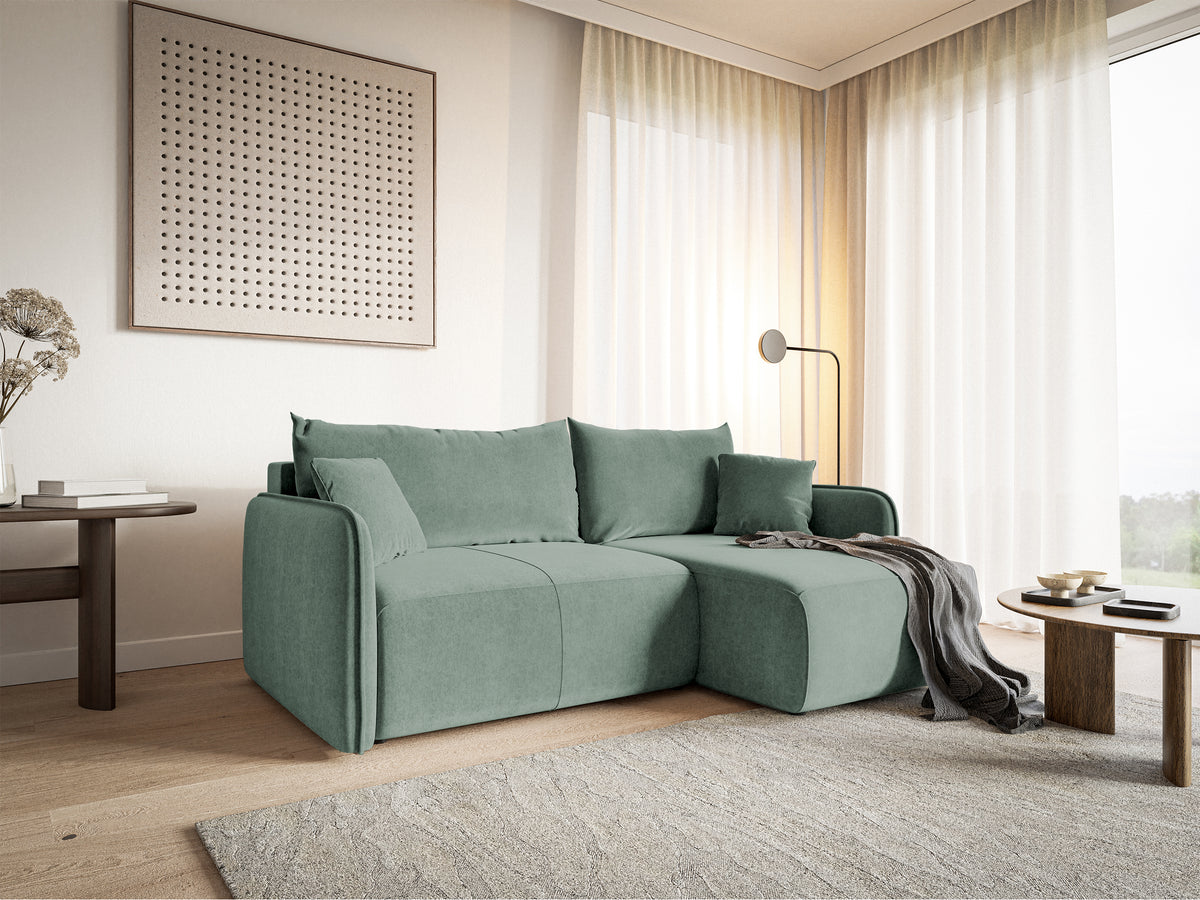 Canapé d'angle Mavio en velours hydrofuge sauge avec fonction couchage et rangement, universel, forme en L