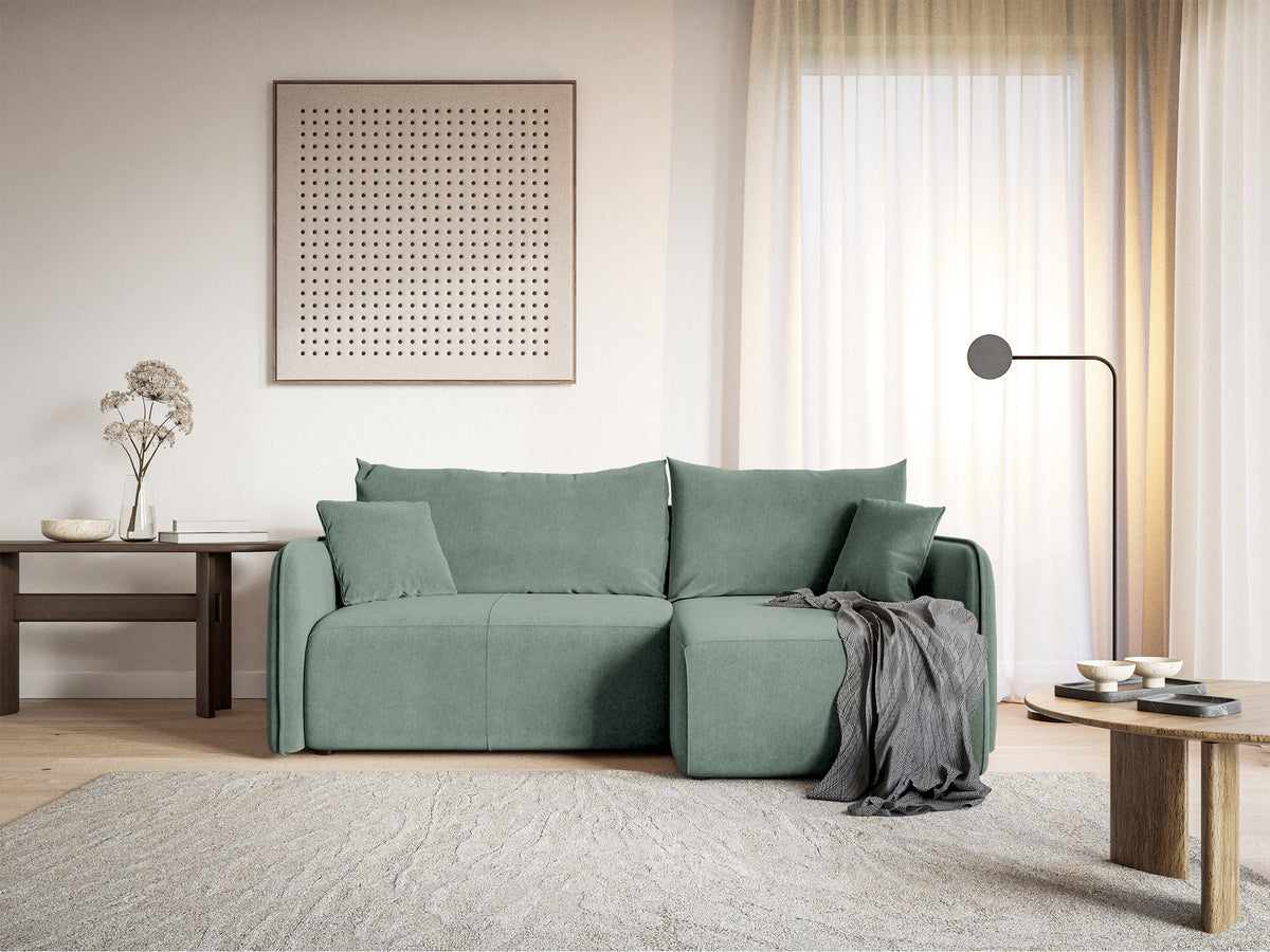 Canapé d'angle Mavio en velours hydrofuge sauge avec fonction couchage et rangement, universel, forme en L