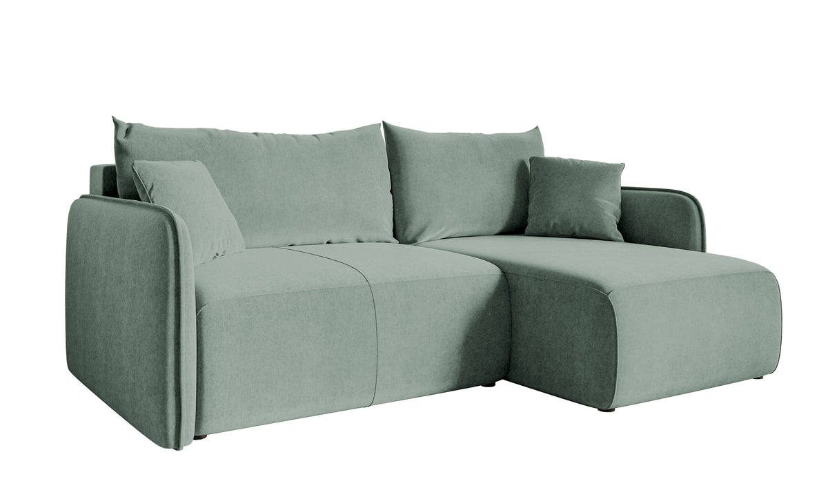 Canapé d'angle Mavio en velours hydrofuge sauge avec fonction couchage et rangement, universel, forme en L