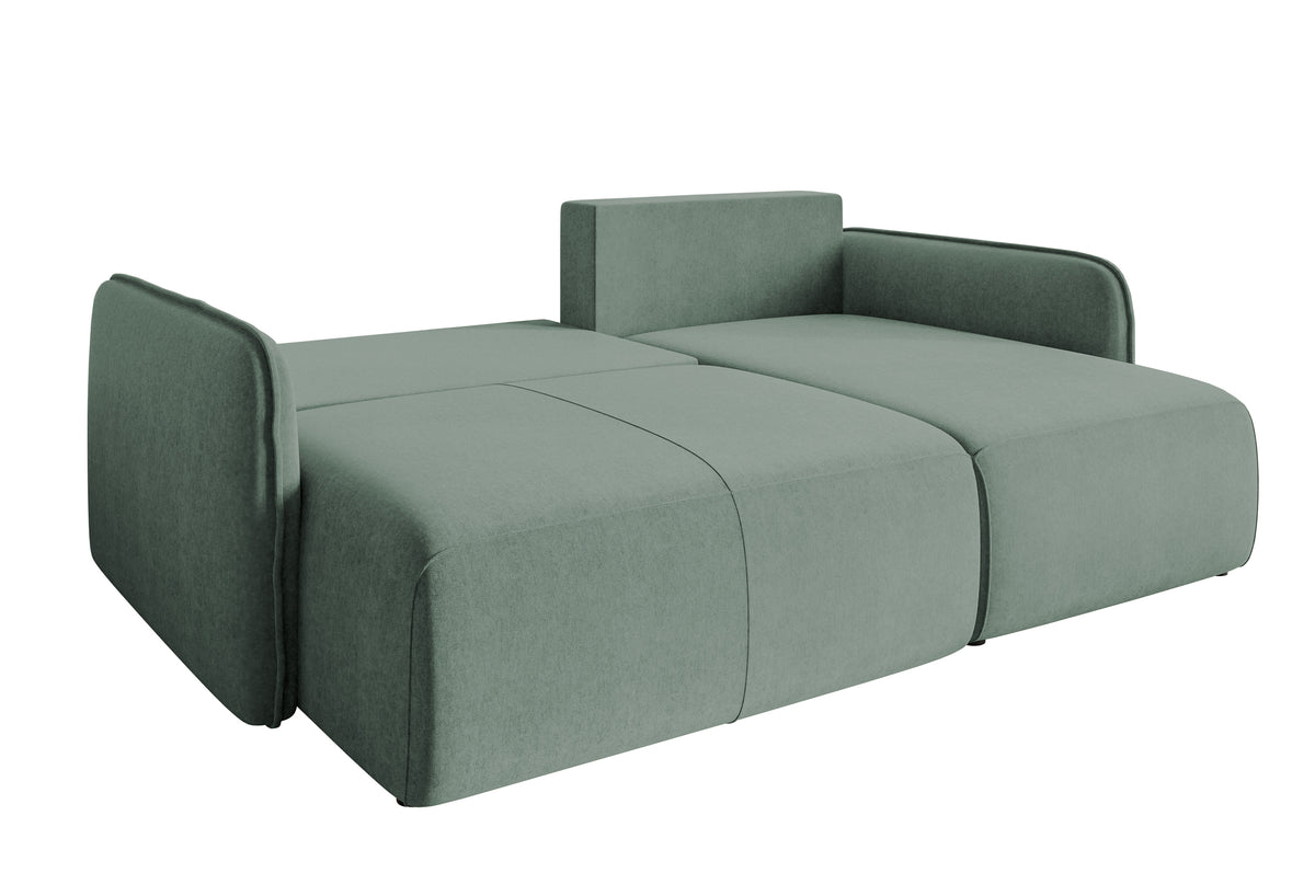 Canapé d'angle Mavio en velours hydrofuge sauge avec fonction couchage et rangement, universel, forme en L