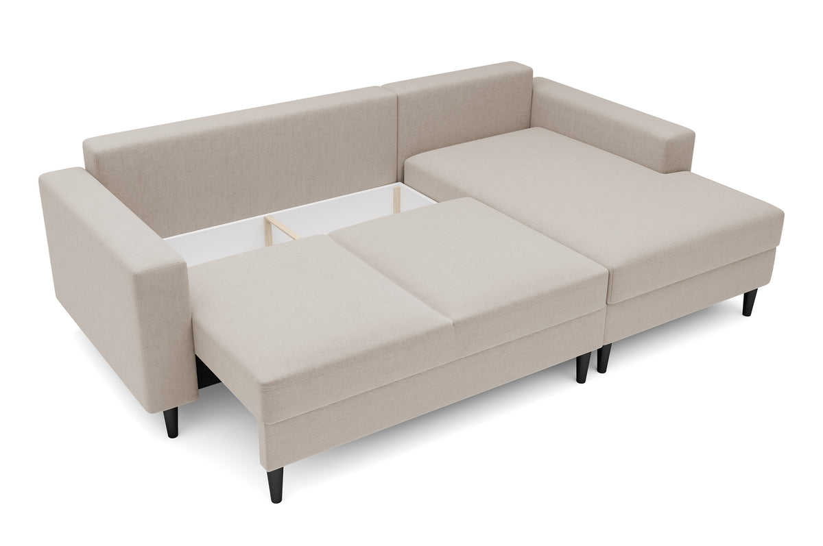 Canapé d'angle avec fonction couchage Nalika en L, avec coffre de rangement, velours hydrofuge beige, orientation droite