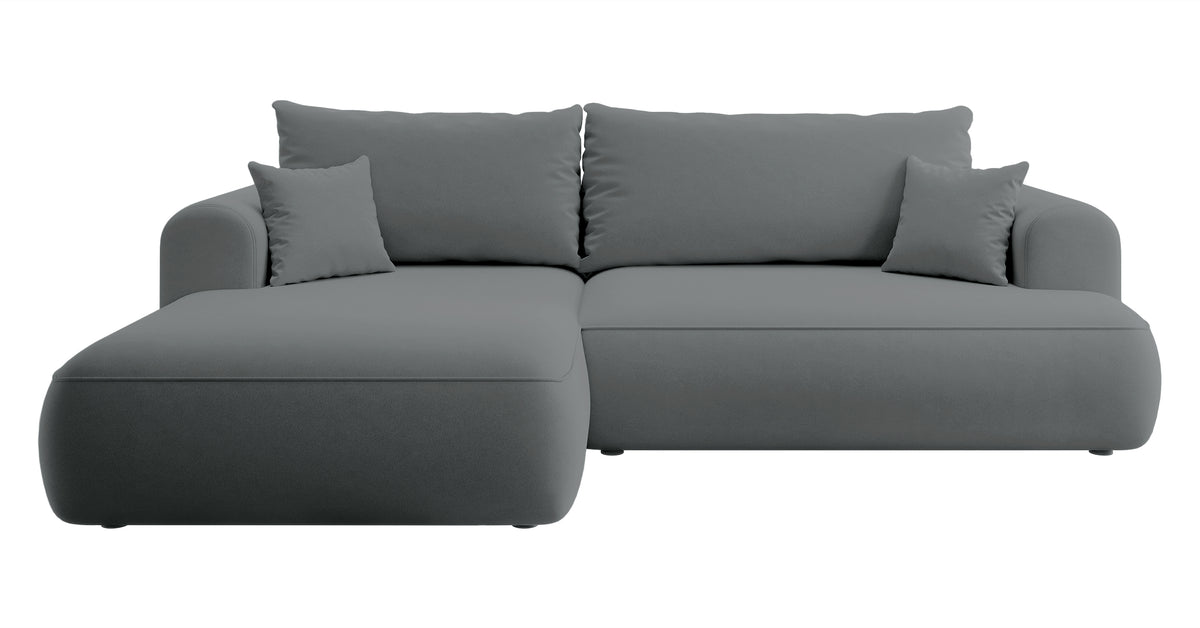 Canapé d'angle convertible Ovo en velours gris foncé, forme en L, avec coffre de rangement, tissu facile à nettoyer, version gauche