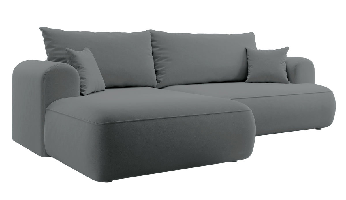 Canapé d'angle convertible Ovo en velours gris foncé, forme en L, avec coffre de rangement, tissu facile à nettoyer, version gauche
