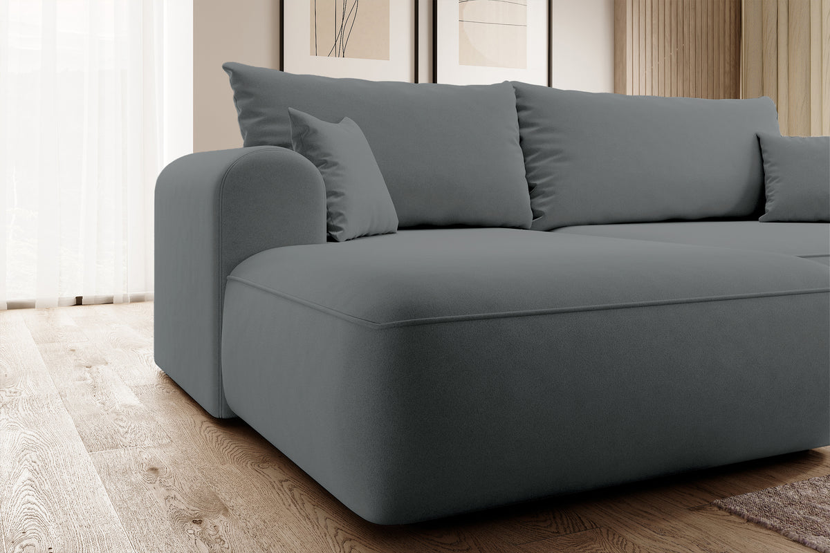 Canapé d'angle convertible Ovo en velours gris foncé, forme en L, avec coffre de rangement, tissu facile à nettoyer, version gauche