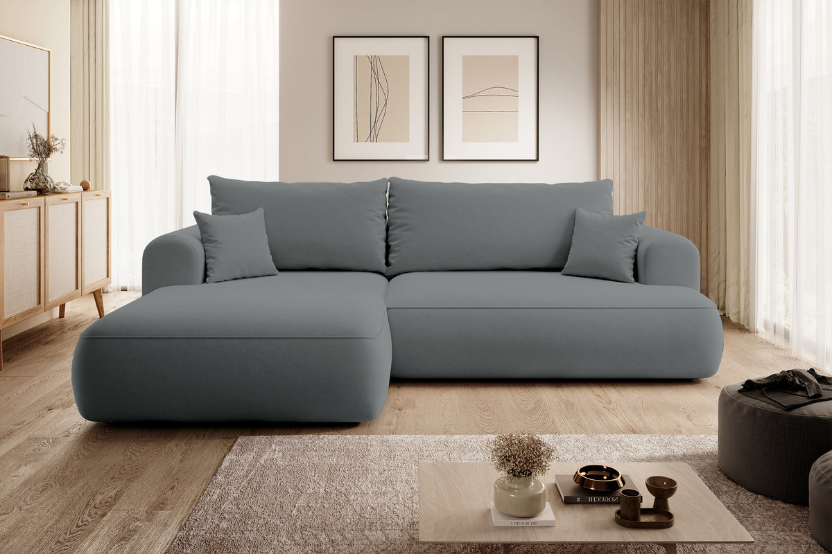 Canapé d'angle convertible Ovo en velours gris foncé, forme en L, avec coffre de rangement, tissu facile à nettoyer, version gauche