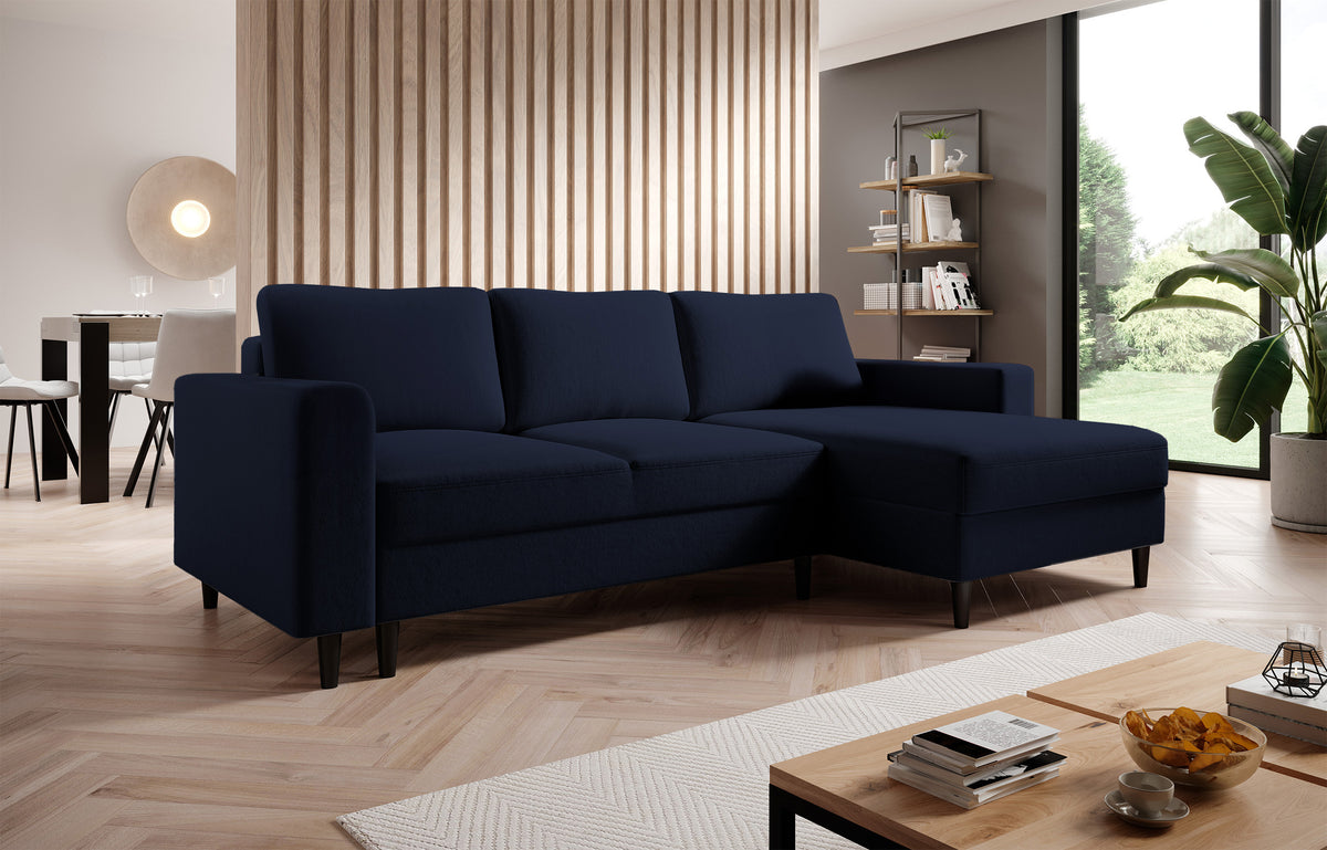Canapé d'angle convertible Nalika en velours hydrofuge bleu marine avec rangement, orientation droite