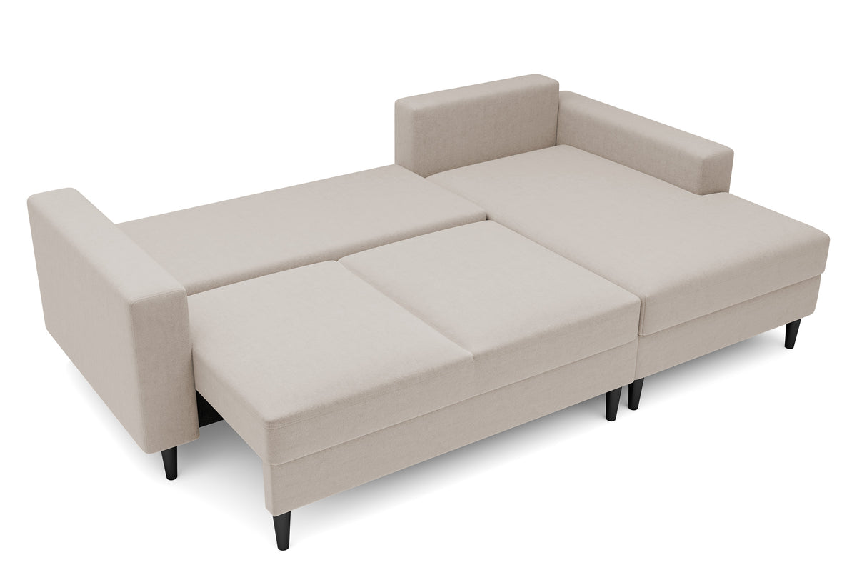 Canapé d'angle avec fonction couchage Nalika en L, avec coffre de rangement, velours hydrofuge beige, orientation droite