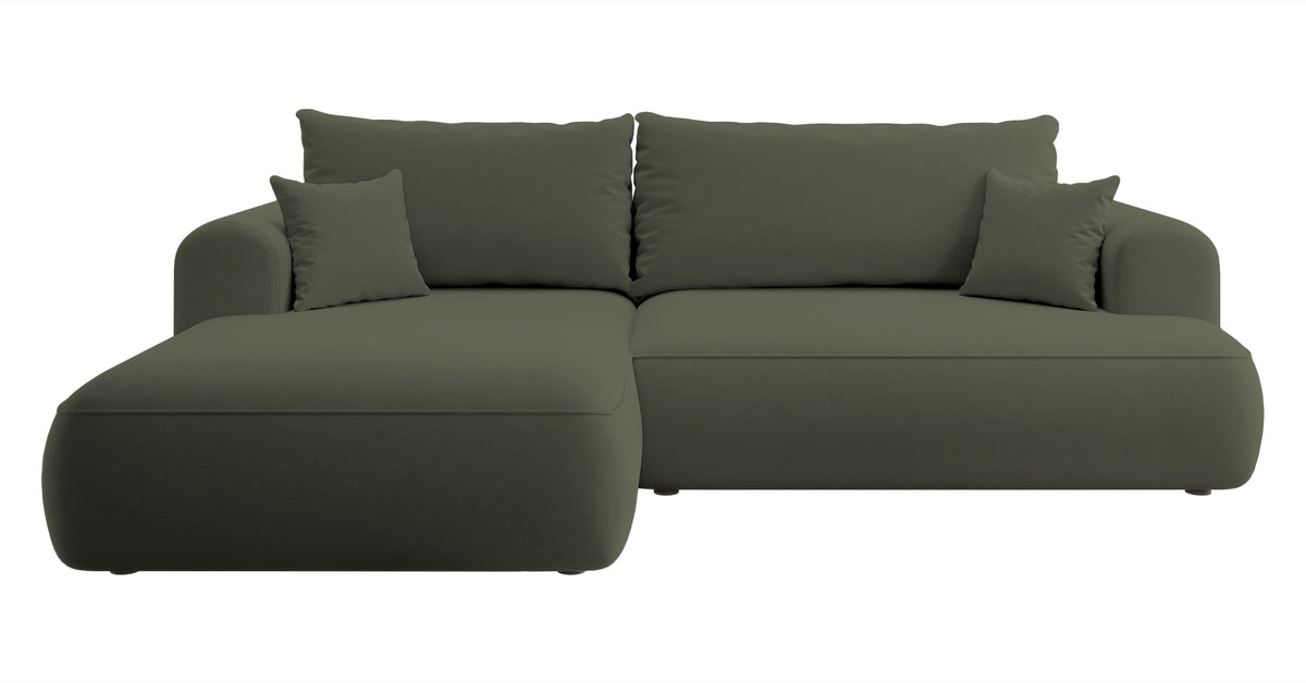 Canapé d'angle convertible Ovo en velours olive avec coffre de rangement en tissu facile à nettoyer, version gauche
