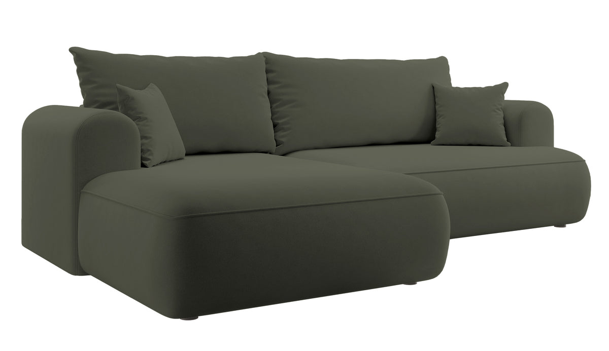 Canapé d'angle convertible Ovo en velours olive avec coffre de rangement en tissu facile à nettoyer, version gauche