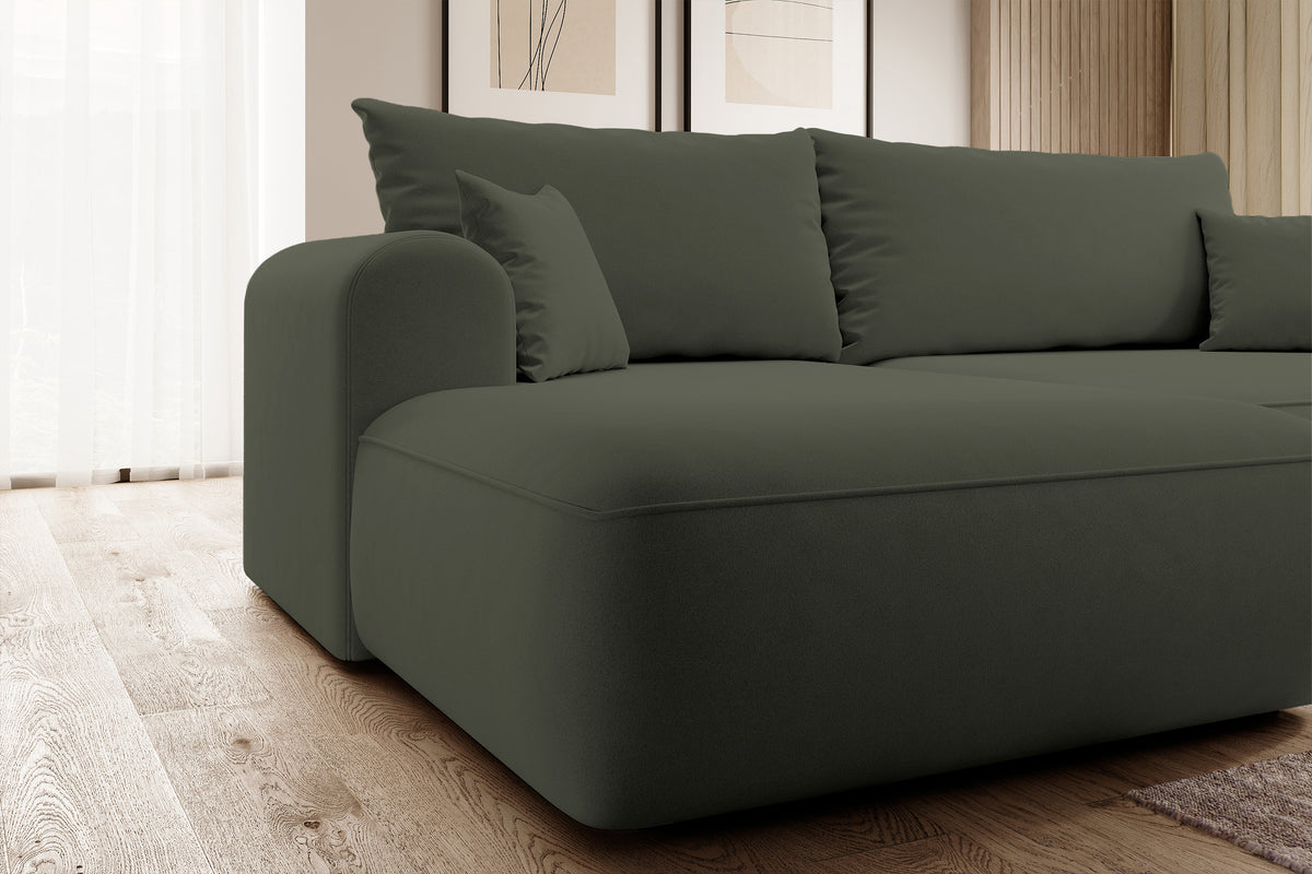 Canapé d'angle convertible Ovo en velours olive avec coffre de rangement en tissu facile à nettoyer, version gauche