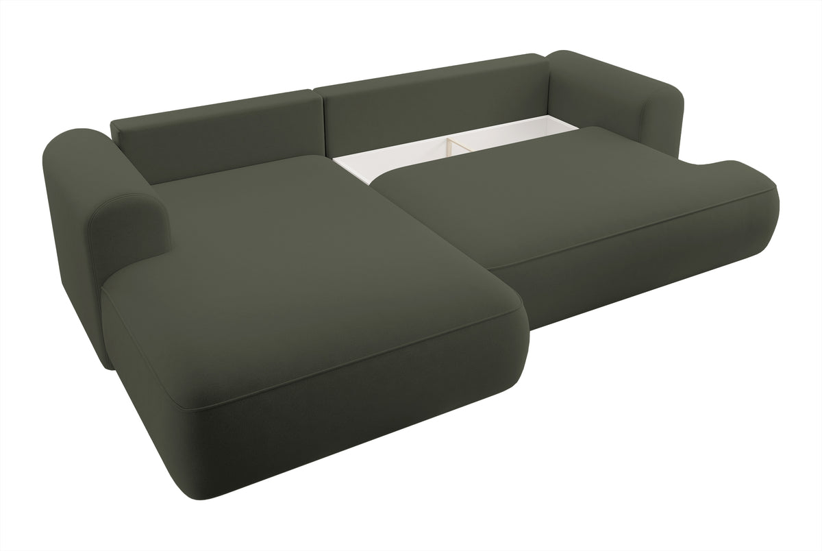 Canapé d'angle convertible Ovo en velours olive avec coffre de rangement en tissu facile à nettoyer, version gauche